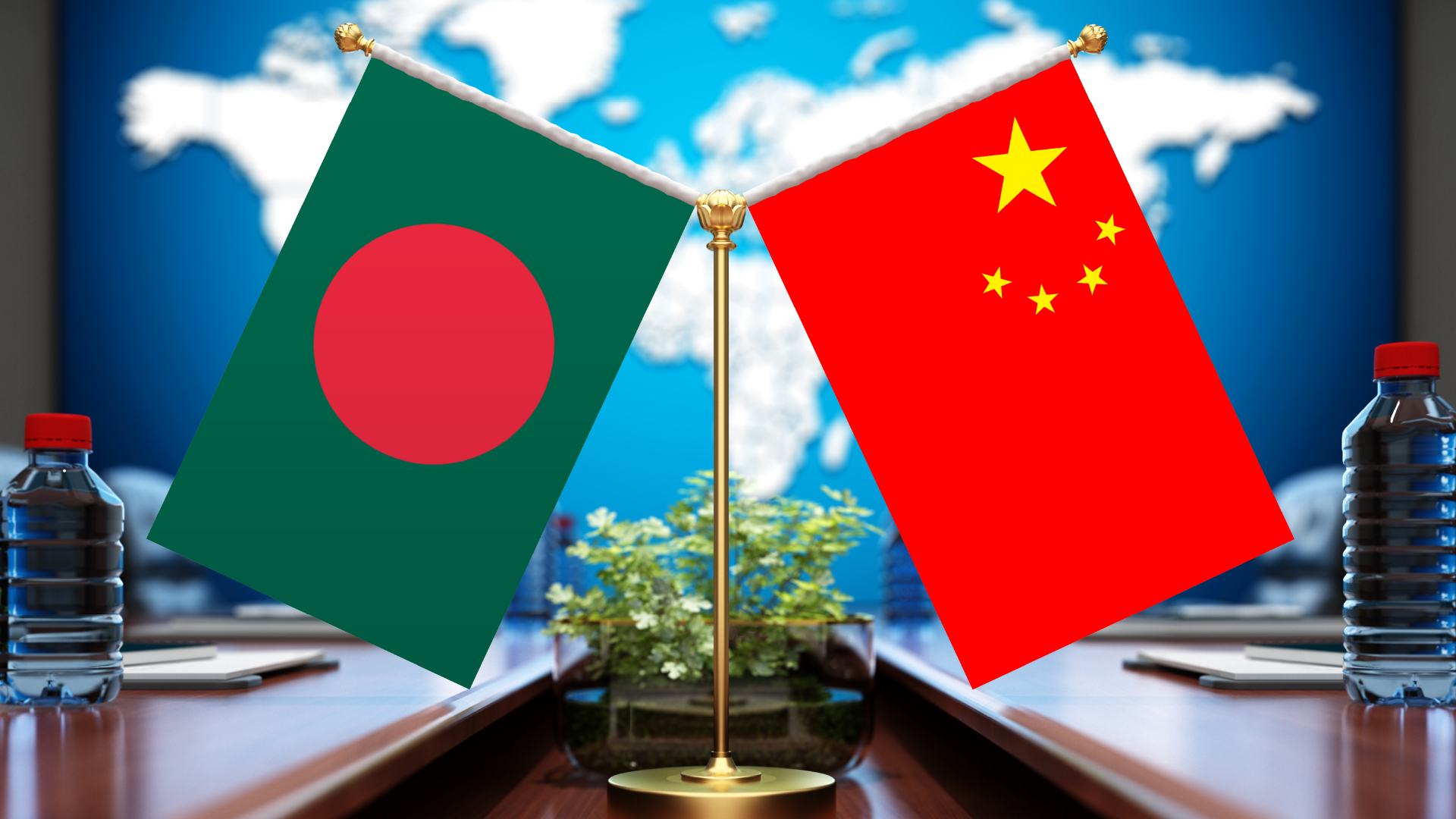 small flag of Bangladesh and China on a table top flag stand